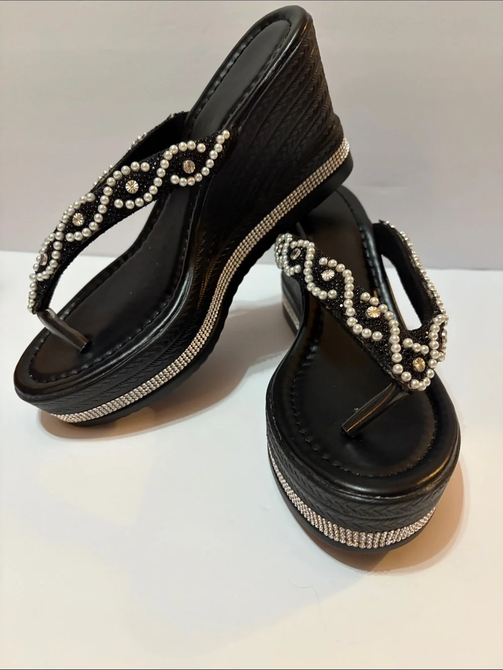 Brand New Black Pearl-Embellished Wedge Thong Sandals